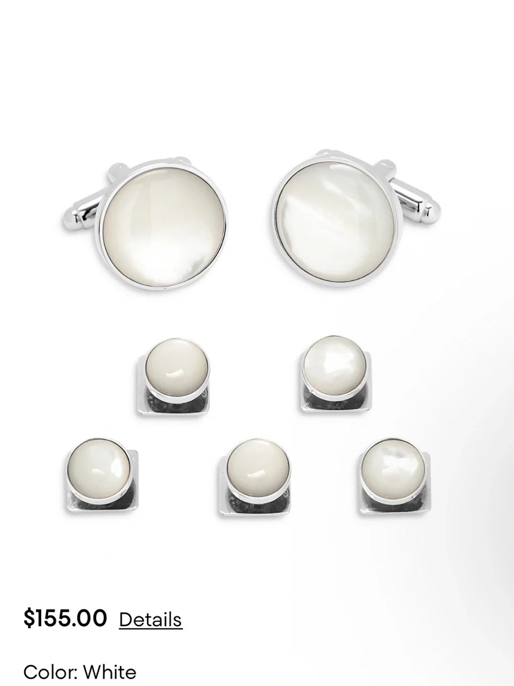 Mother of Pearl Inlay Rhodium Plated Round Stud and Cufflink Set